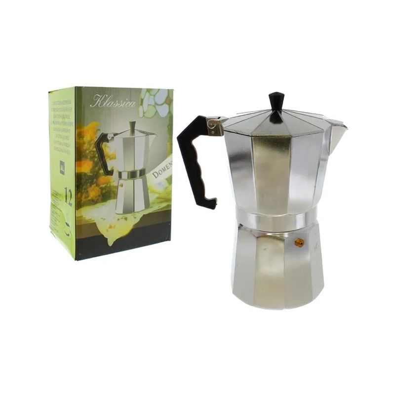 Cafetera italiana plateada de aluminio de 12 tazas Sinsa, producto fuera de su caja con mango y pomo negros