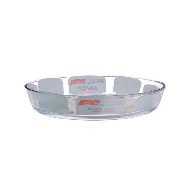 Molde para hornear 3.20 L transparente WindRose, vista lateral del recipiente con etiquetas blancas y rojas