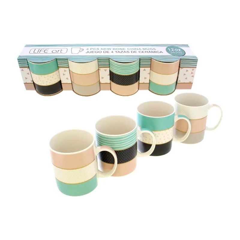Juego de tazas 4 piezas 12 onzas cerámica surtido Life Art, cuatro tazas fuera y dentro de su empaque rectangular