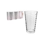 Set de vasos de vidrio 3 piezas 16 onzas transparente Sinsa, un vaso fuera y el set en su empaque blanco con dibujos