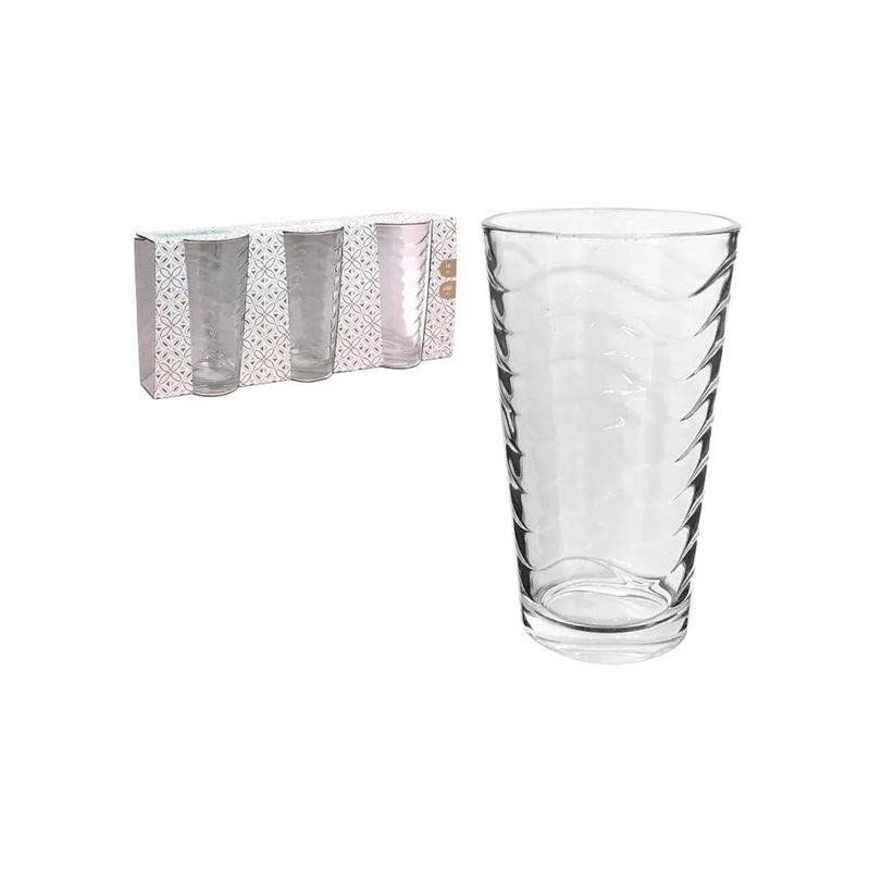 Set de vasos de vidrio 3 piezas 16 onzas transparente Sinsa, un vaso fuera y el set en su empaque blanco con dibujos