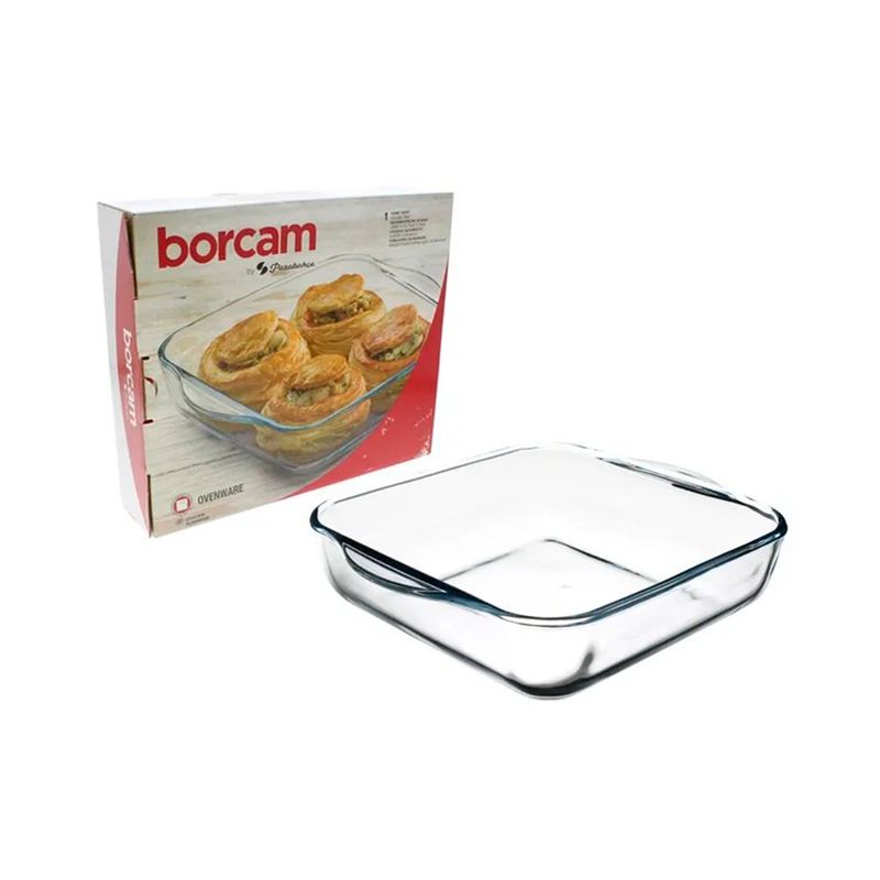 Bandeja para hornear 256x220 mm transparente Pasabahce, recipiente de vidrio junto a su caja con ilustración de comida