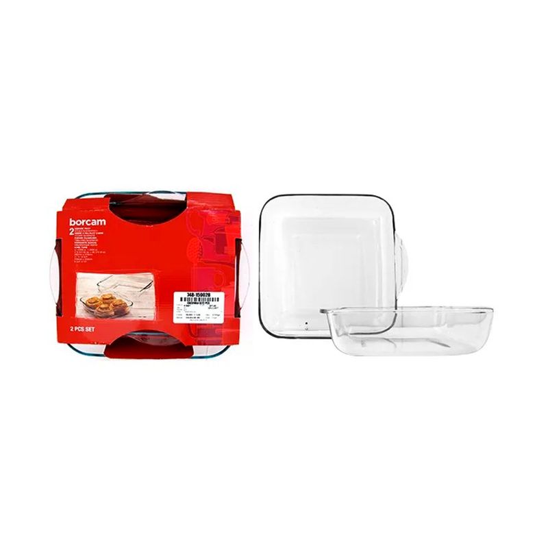 Bandeja para hornear 2 piezas transparente Pasabahce, set con empaque rojo y dos recipientes de vidrio de distinto tamaño