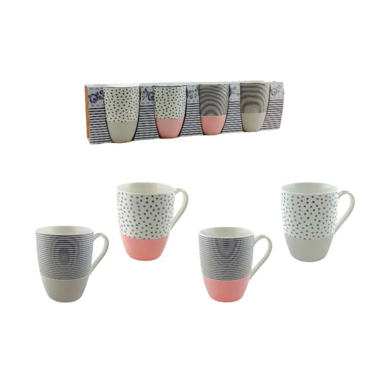 Set de tazas 4 piezas 12 onzas rosado, gris y blanco Life Art, conjunto de tazas fuera y dentro de su caja de empaque