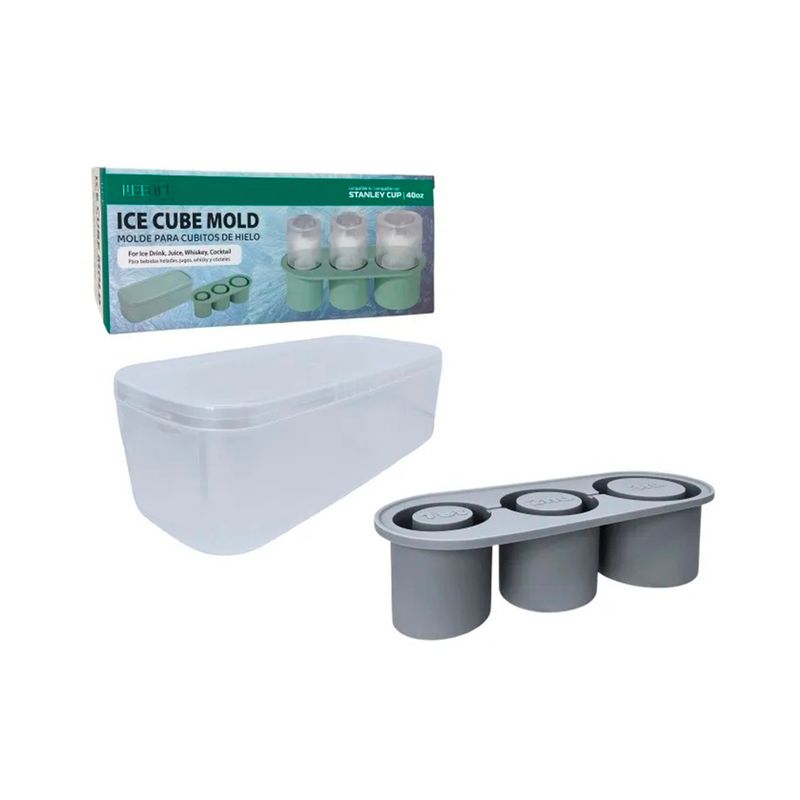 Molde para hielo 28x12x8 cm gris Haixing, producto fuera de su caja con tapa translúcida y vista superior del molde