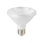 Bombillo LED PAR30 E27 13 W 900 lum 3000 K IP65 15000 hrs Tecnolite, vista frontal del foco blanco con rosca metálica