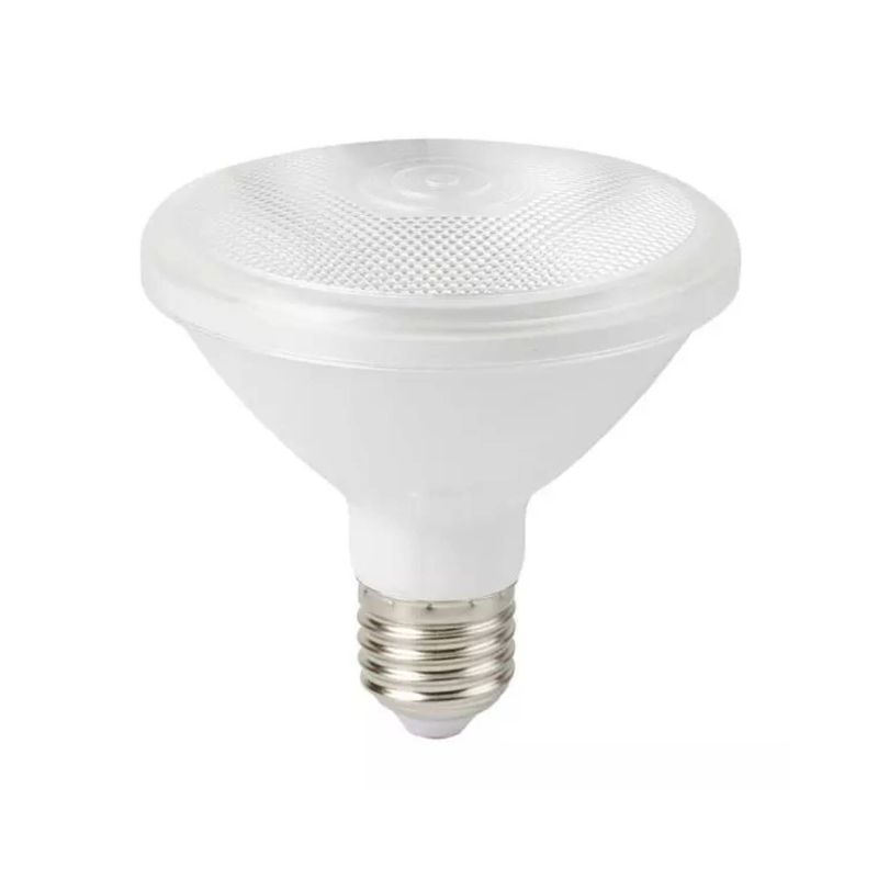 Bombillo LED PAR30 E27 13 W 900 lum 3000 K IP65 15000 hrs Tecnolite, vista frontal del foco blanco con rosca metálica
