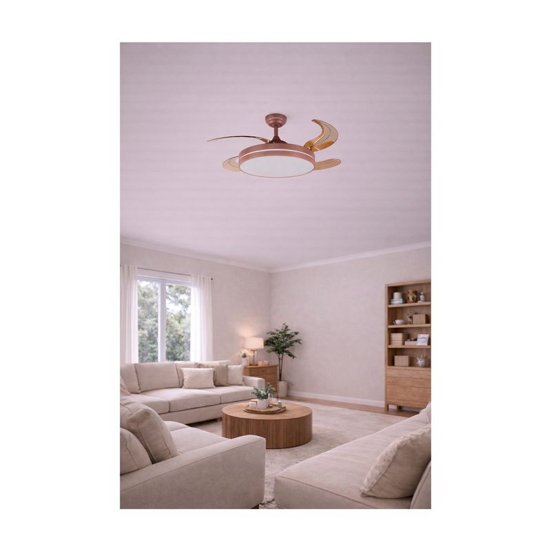 Abanico decorativo de techo 42 pulgadas bronce con luz LED 18W interruptor CCT Honeywell, instalado en una sala