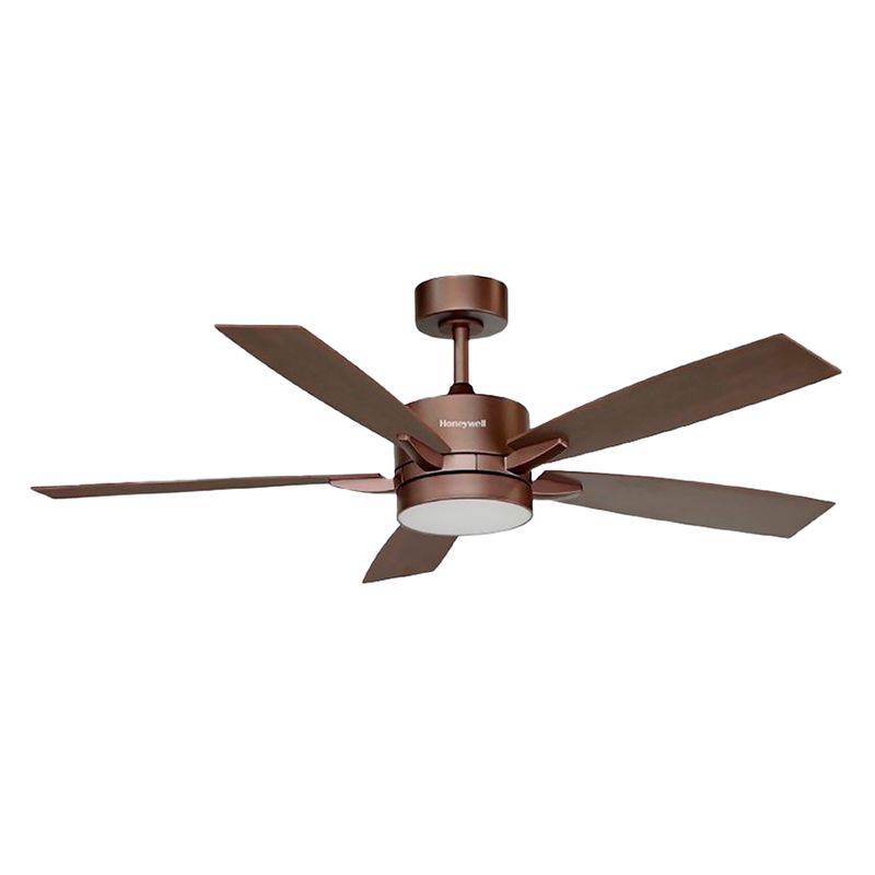 Abanico decorativo de techo 42 pulgadas bronce con luz LED 18W Honeywell, vista frontal con aspas extendidas y luz encendida