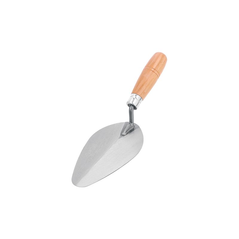 Cuchara para albañil Pretul de 7 pulgadas estilo Mérida, vista lateral de la hoja metálica y mango de madera