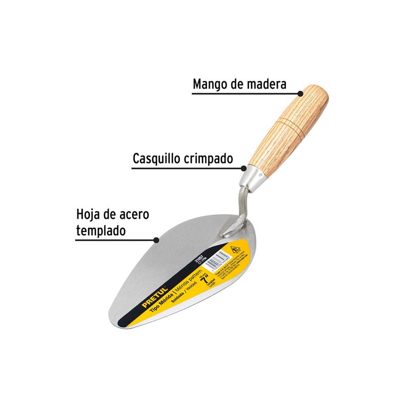 Cuchara para albañil Pretul de 7 pulgadas estilo Mérida, vista detallada con etiquetas indicando sus partes y materiales
