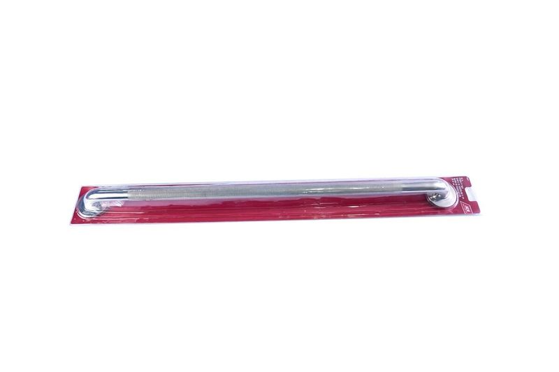Barra seguridad baño acero inoxidable ACE de 91.5 cm, vista frontal dentro de su empaque con base roja