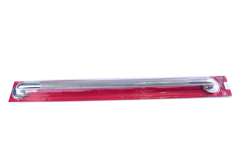 Barra seguridad baño acero inoxidable ACE de 91.5 cm, vista frontal del producto en su empaque plástico rojo