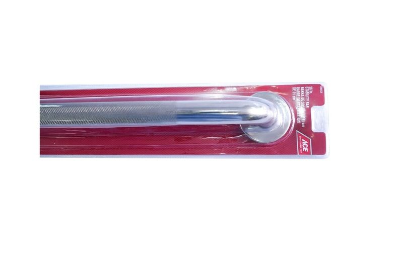 Barra seguridad baño acero inoxidable ACE de 91.5 cm, vista lateral del producto dentro de su empaque plástico rojo
