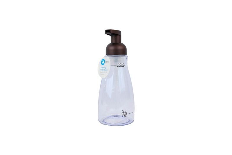 Dispensador jabón espuma acrílico Interdesign bronce, botella transparente con bomba color bronce y etiqueta blanca