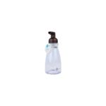 Dispensador jabón espuma acrílico Interdesign bronce, vista frontal con etiqueta blanca colgando del cuello