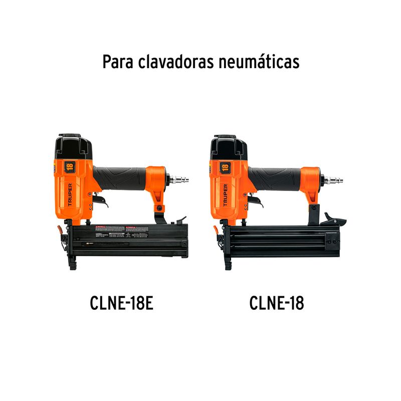 Clavos para clavadora Truper de 5/8 pulgadas, gráfico comparativo de dos modelos de clavadoras neumáticas naranjas