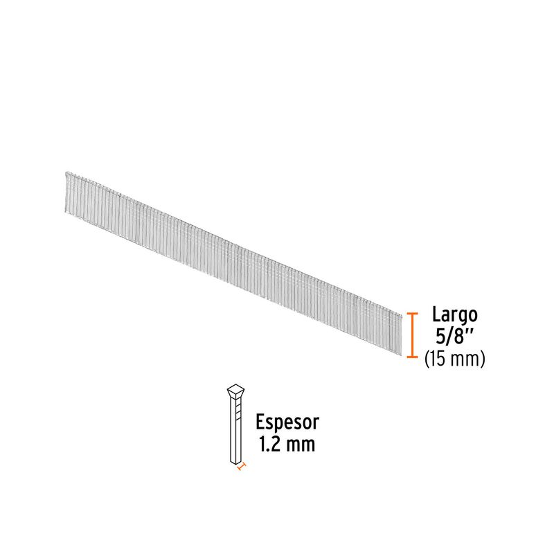 Clavos para clavadora Truper de 5/8 pulgadas, gráfico técnico con medidas de largo y espesor