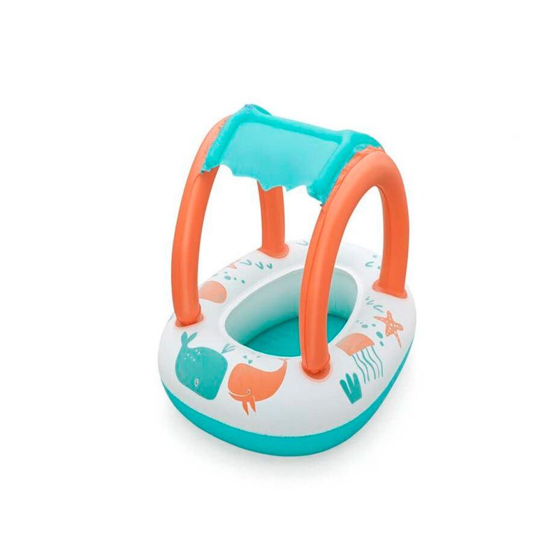Flotador inflable con techo para niños 3+ años Bestway, vista diagonal en colores blanco, naranja y turquesa con dibujos