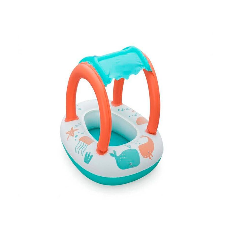Flotador inflable con techo para niños 3+ años Bestway, vista diagonal con diseño de ballena y animales marinos
