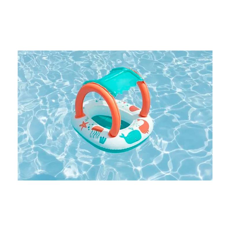 Flotador inflable con techo para niños 3+ años Bestway, flotando en el agua de una piscina con vista frontal