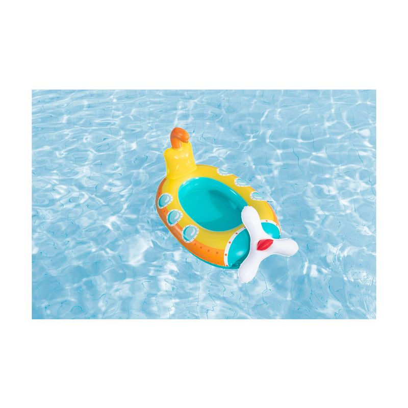 Flotador inflable para niños 3+ años playa pal Bestway, vista cenital del bote amarillo y azul flotando en el agua