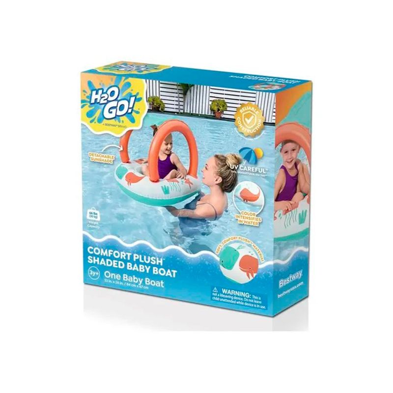 Flotador inflable con techo para niños 3+ años Bestway, caja con ilustración de madre e hija usando el producto en piscina
