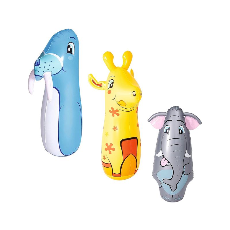 Juguete de boxeo inflable 89 cm f.animales surtido Bestway, tres modelos de animales: morsa azul, jirafa amarilla y