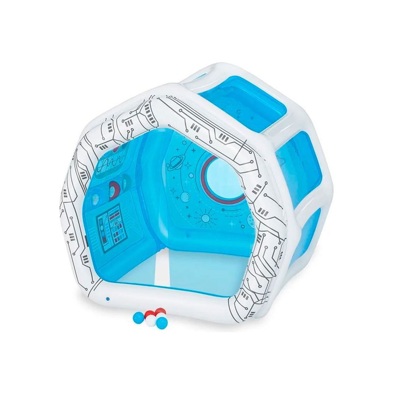 Juguete inflable nave espacial Bestway de 1.25 x 1.05 x 1.17 m, vista frontal con pelotas azules y rojas en la base