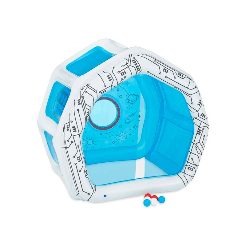 Juguete inflable nave espacial 1.25 x 1.05 x 1.17 m Bestway, vista diagonal en color blanco y azul con accesorios redondos