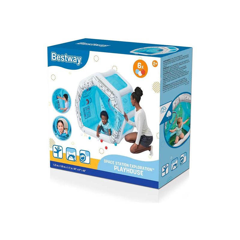 Juguete inflable nave espacial Bestway de 1.25 x 1.05 x 1.17 m, vista frontal de la caja con ilustraciones del producto
