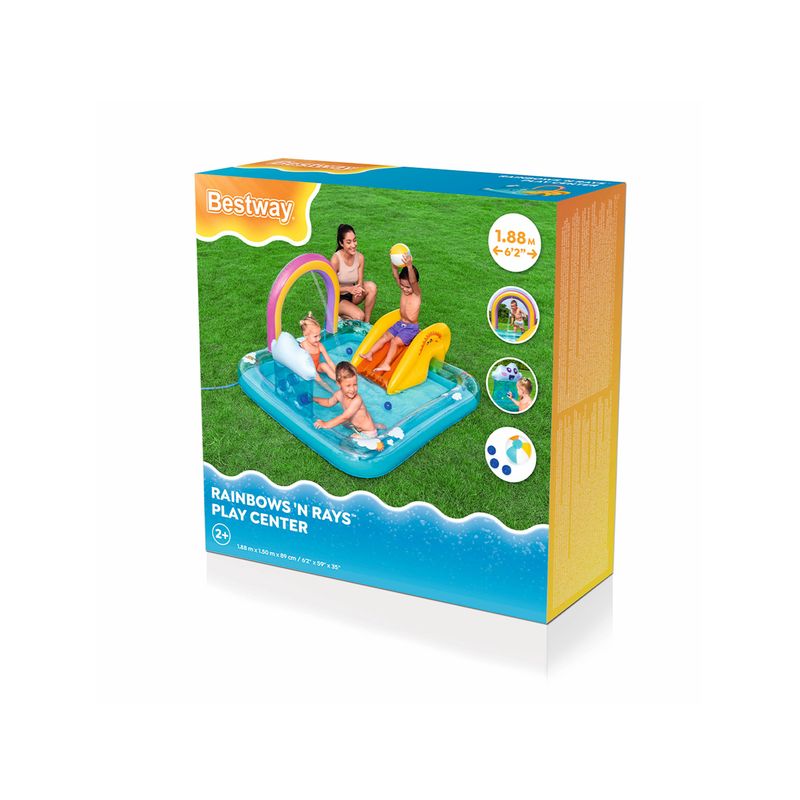 Centro de juego inflable arcoíris 1.88 x 1.50 x 0.89 cm Bestway, caja con ilustración de niños jugando en el inflable