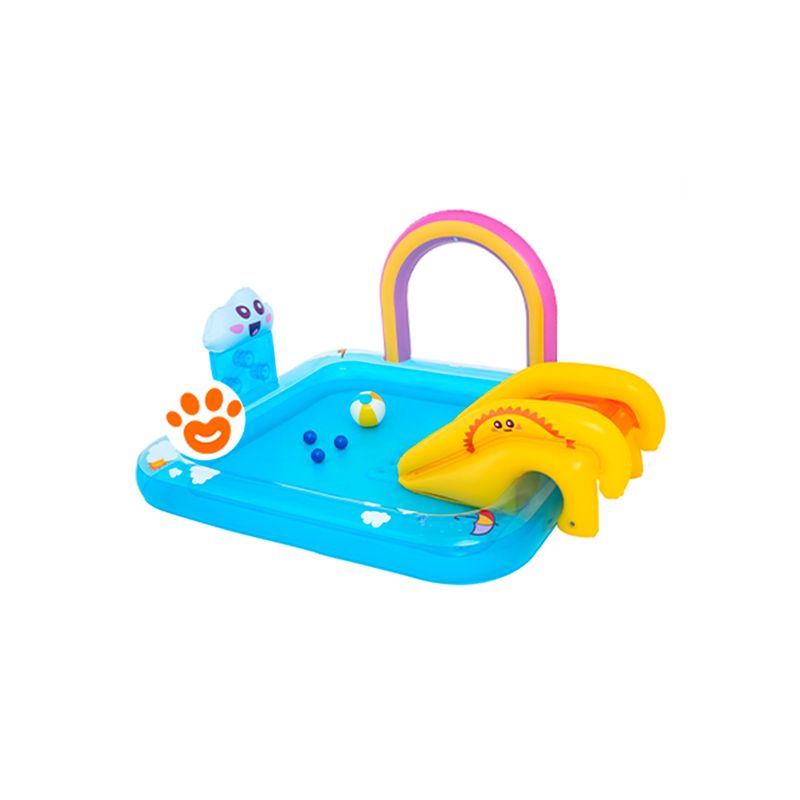 Centro de juego inflable arcoíris 1.88 x 1.50 x 0.89 cm Bestway, vista diagonal con tobogán amarillo y arco multicolor