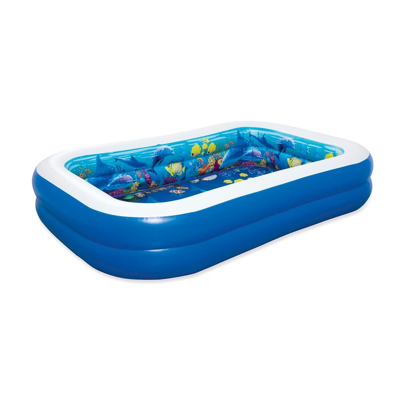 Piscina inflable rectangular Family Pool Aventura Submarina 2.62 x 1.75 x 0.51 m Bestway, vista diagonal en color azul