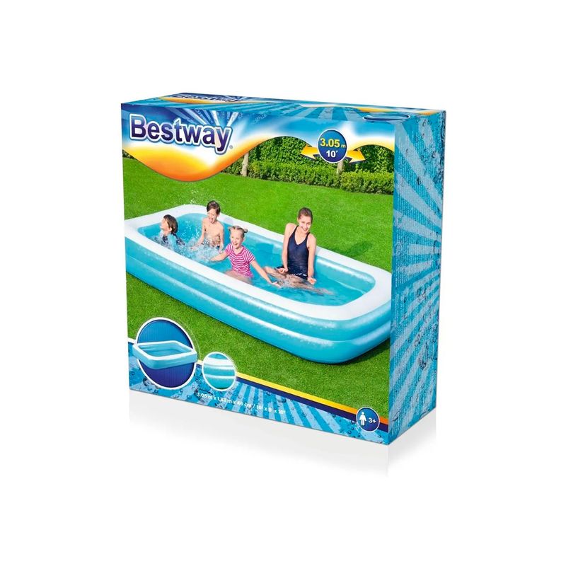 Piscina inflable rectangular Family Pool 3.05 x 1.83 x 0.46 m azul Bestway, en su caja con ilustración de niños usándola