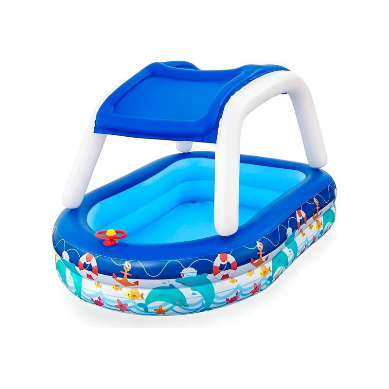 Piscina inflable para niños con techo 2.13 x 1.55 x 1.32 m Bestway, vista en ángulo con techo azul y motivos marinos