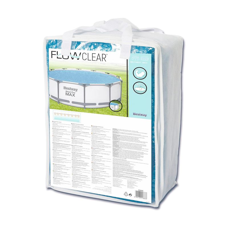 Cobertor para piscina 3.66 m Bestway, empaque original con ilustración de piscina y textos informativos