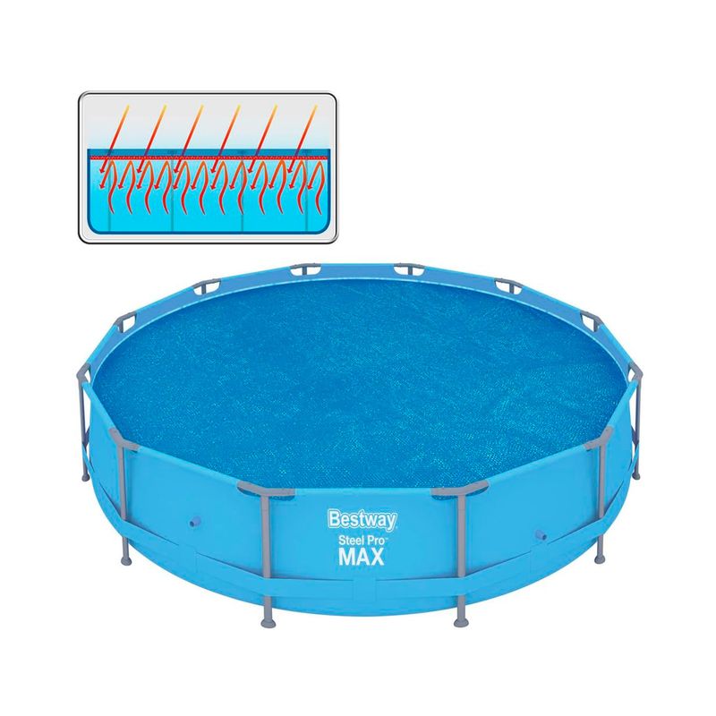 Cobertor para piscina 3.66 m Bestway, vista aérea de la piscina azul con un gráfico detallado de la capa protectora