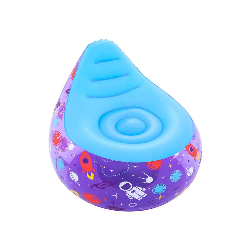 Sillón inflable para niños Astro Glow LED Bestway, vista frontal del asiento azul con base morada y motivos espaciales