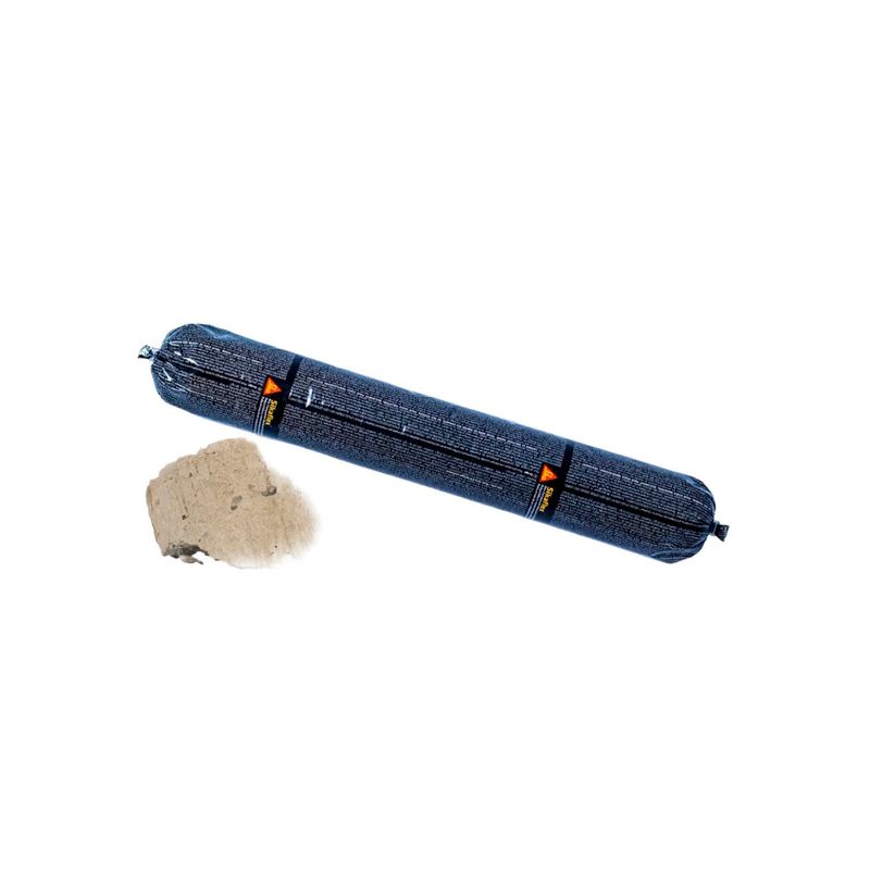 Sellador adhesivo Sikaflex-221 gris C16120 UP600 salchicha Sika, empaque tubular azul con muestra de producto gris al lado
