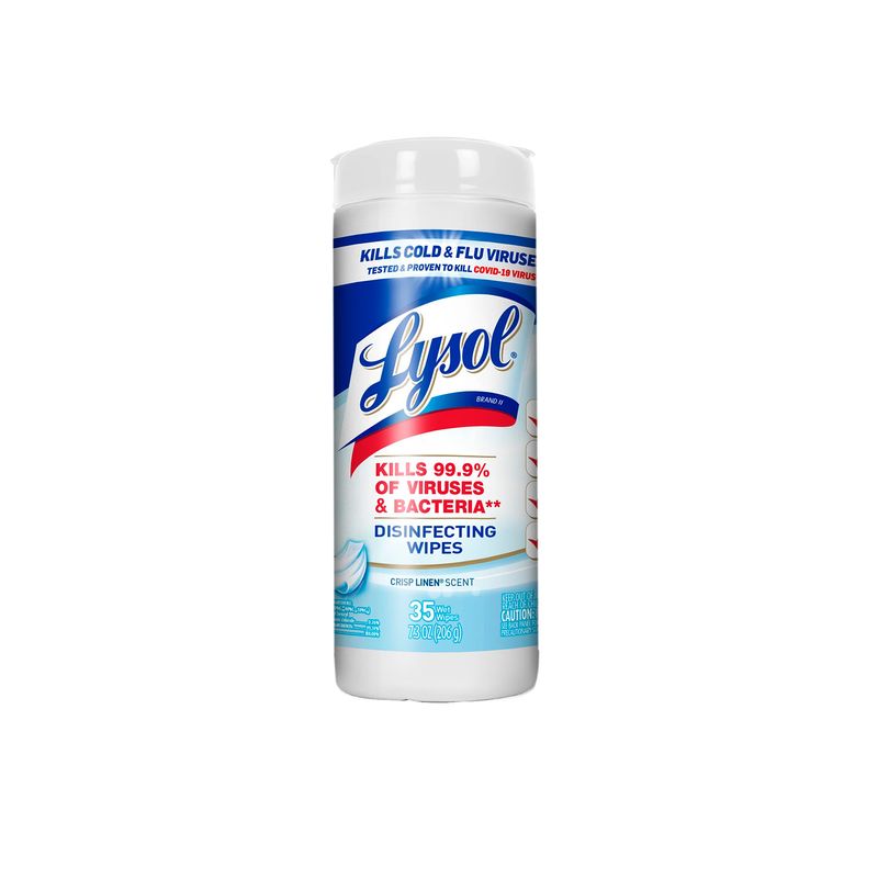 Toallitas desinfectantes para superficies crisp linen 35 ct Lysol, envase cilíndrico blanco con etiqueta azul y roja