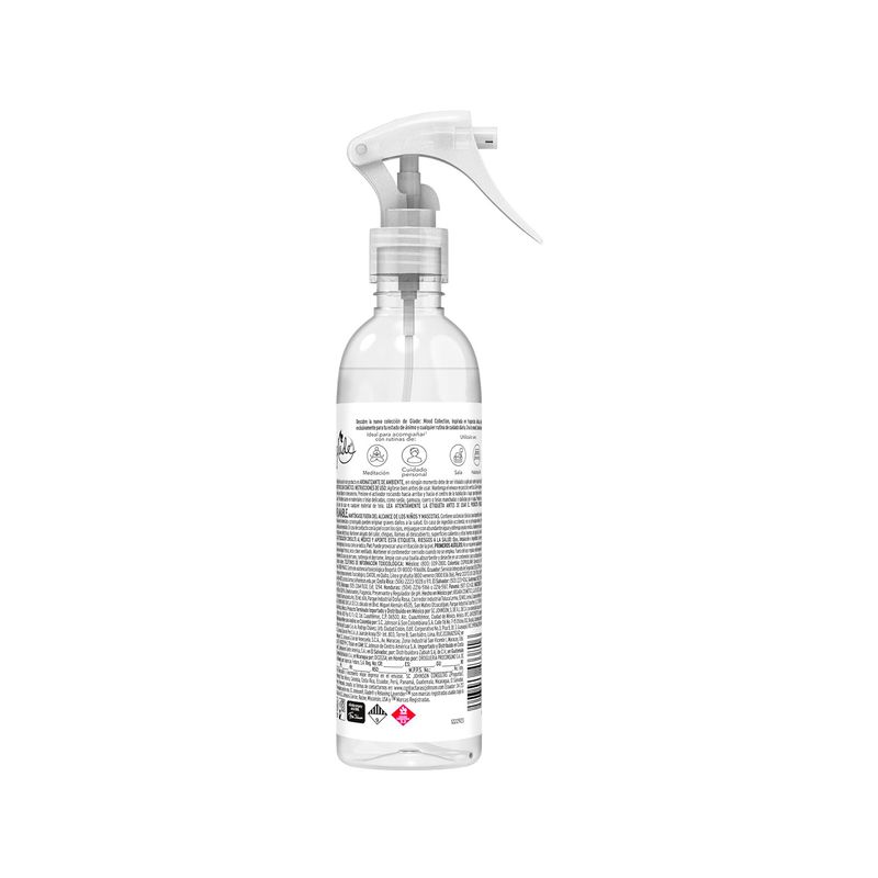 Aromatizante de ambiente y telas relaxing lavender 230 ml Glade, vista posterior de la botella con etiquetas de instrucciones