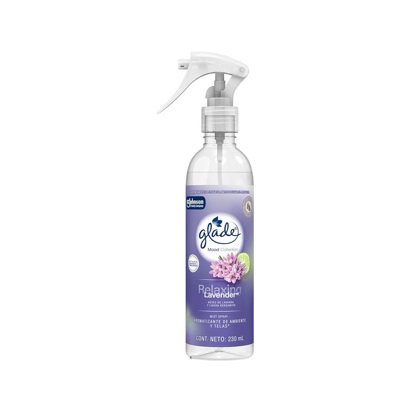 Aromatizante de ambiente y telas relaxing lavender 230 ml Glade, botella transparente con atomizador blanco y etiqueta lila