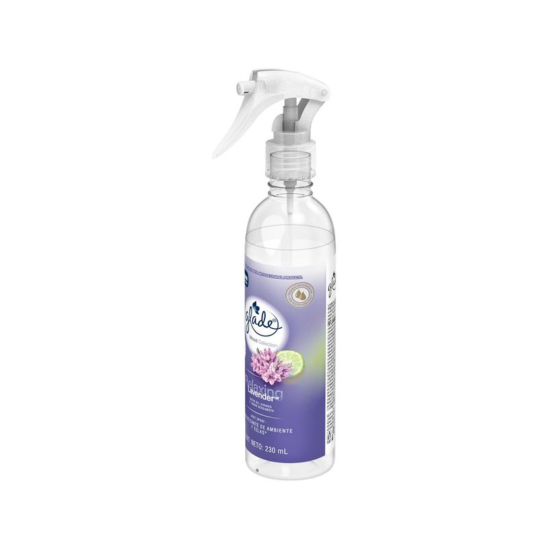 Aromatizante de ambiente y telas relaxing lavender 230 ml Glade, botella transparente con atomizador blanco