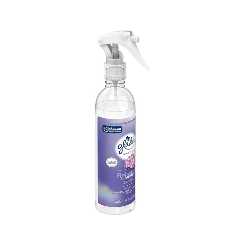 Aromatizante de ambiente y telas relaxing lavender 230 ml Glade, botella transparente con atomizador blanco