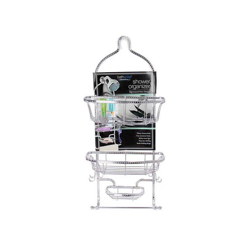 Organizador de baño 28 x 12.5 x 61.5 cm plateado Kennedy Home, vista frontal del estante metálico con dos canastas y jabonera