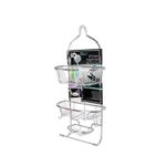 Organizador de baño 28 x 12.5 x 61.5 cm plateado Kennedy Home, vista frontal del estante colgante con empaque informativo