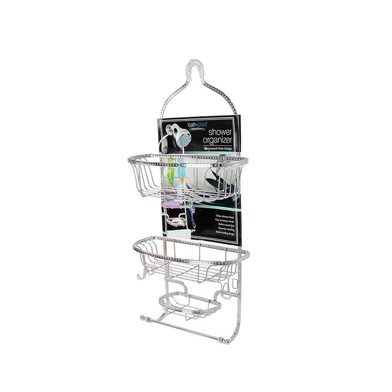 Organizador de baño 28 x 12.5 x 61.5 cm plateado Kennedy Home, vista frontal del estante colgante con empaque informativo