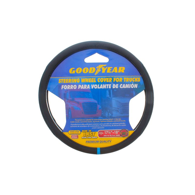Forro de volante 45 cm XL camión Goodyear, vista frontal del producto en su empaque circular azul y amarillo