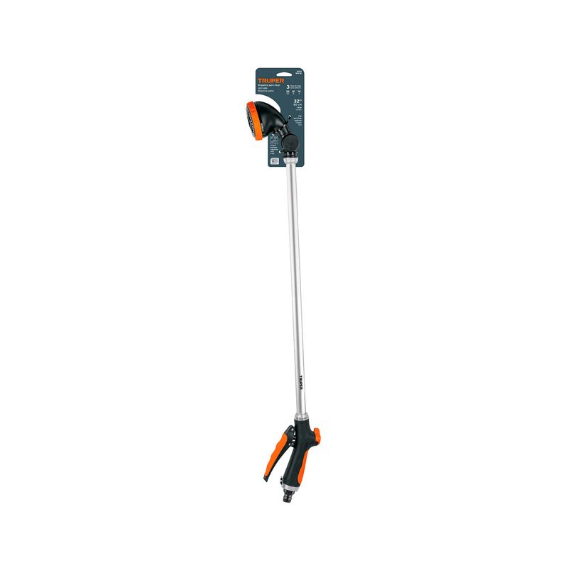 Pistola para riego tipo regadera 32 pulgadas Truper, vista frontal completa con mango naranja y tubo de aluminio